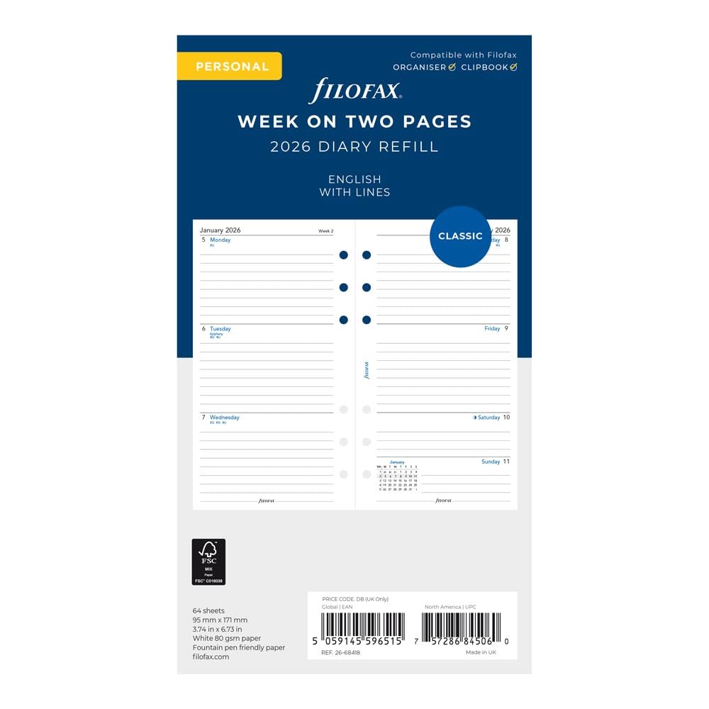 Filofax Terminplaner 2026, 1 Woche auf 2 Seiten, liniert, englisch, 9,5 x 17,1 cm