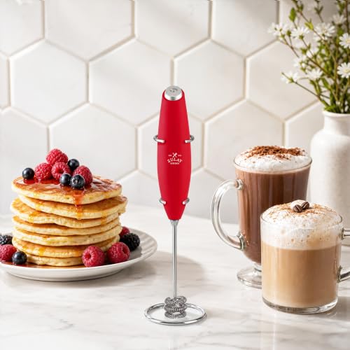Image of Zulay Kitchen Powerful Milk Frother Wand With Duracell Batteries - Ultra Fast Handheld Drink Mixer - Electric Whisk Foam Maker for Coffee, Lattes, Cappuccino & Matcha - Triple Whisk - Maroon Red