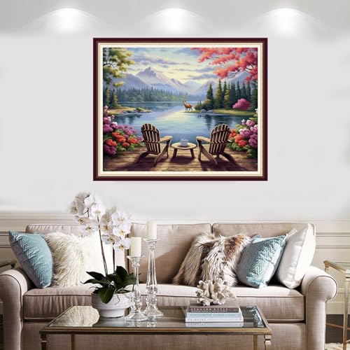 Image of Foxnyart Stamped Cross Stitch Kits Full Range of Embroidery Needlework Starter Kits for Beginners Adults 11CT Embroidery Patterns Art Crafts DIY Needlepoint Kit-Tea and Rest by the Lake 16x20 inch