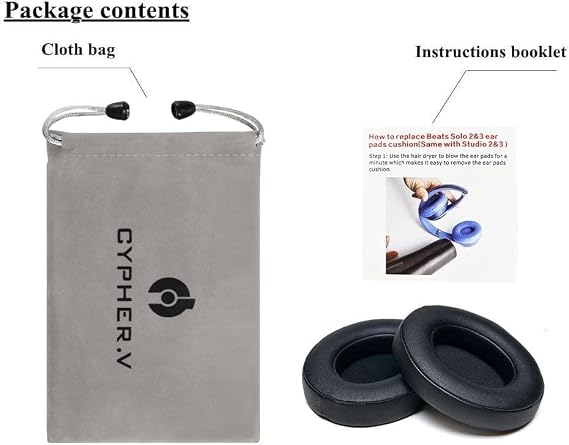 Replacement Ear Pads Cushions, Earpads Cover Compatible with Beats Studio 2 and Studio 3 Over Ear Headphones by Dr.DRE 1 Pair (Black) | Earpads Cushions 1 Pair Protein Leather, Memory Foam, Storage Bag, Spare Adhesive , Installation Booklet