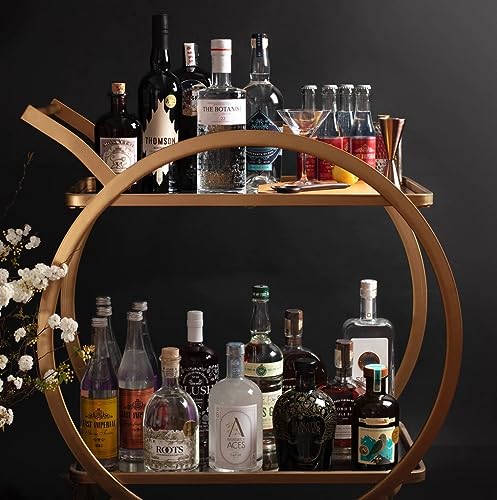 Image of Dcor Serving Trolley with 2 Metal Handles, Modern Wine Cart on Wheels, Round Mobile Trolley with 2 Tier Shelves for Kitchen Decoration, Liqueur, Cocktail (1)