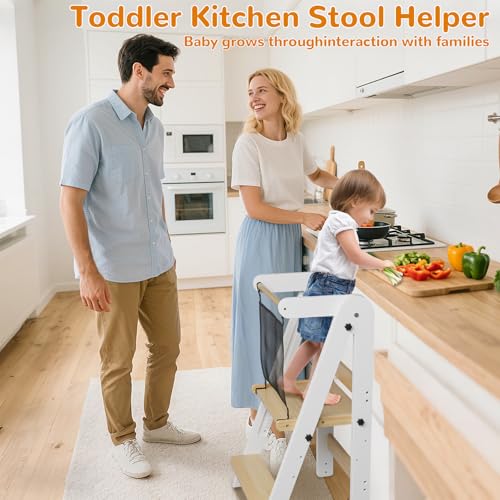 Image of ROOMTEC Foldable Toddler Kitchen Tower, 3 Adjustable Height Wooden Step Stool, Toddler Standing Tower with Safety Net for Kitchen Bathroom Sink Counter