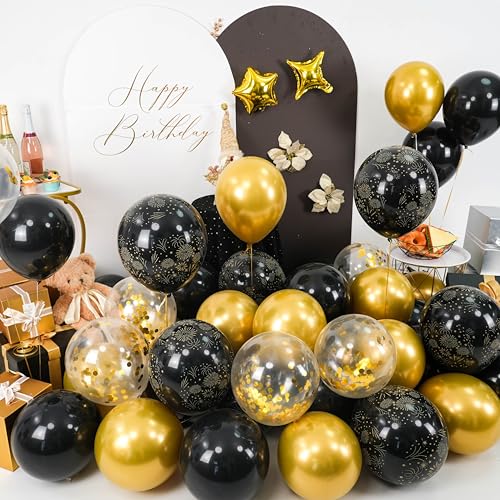 Image of Black and Gold Balloons, Black Gold Fireworks Printed Balloons, Confetti Balloon 4 And 5 point Star Foil Balloon For New Year Graduation Birthday Baby Shower Party Wedding Celebration Retirement Decor