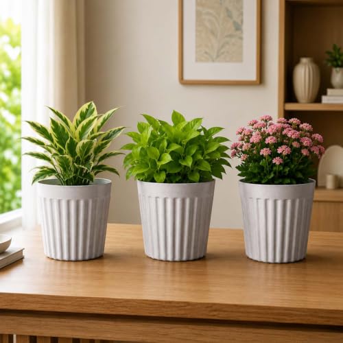 Image of Go Hooked Round Planter Pot (8Inch, Pack of 3) | White Marble Texture Stylish Modern Ribbed Design | Decorative Indoor Outdoor Plastic Flower Pots for Balcony, Living Room, Garden, Home & Office Decor