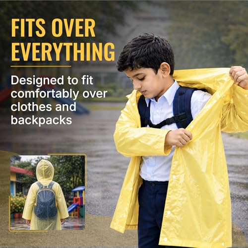 Image of Robustt Kids Eva Raincoat for Boys & Girls (8-16 Years) with Full Sleeves with Elastic Cuff | Unisex Hooded Kids Rain Coat with Drawstring | Reusable Raincoat with Snap Button Closure | Knee Length