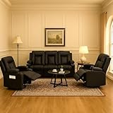 LUCKLIFE Leather Recliner Sofa Set with Manual Recliners,Living Room Furniture Set with Reclining Couch,Loveseat and Armchair,Living Room Chair with Cup Holders,Black (3+1+1)