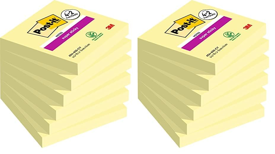 Post-it Super Sticky Notes, Canary Yellow, 76 mm x 76 mm, 90 Sheets/Pad, 4 + 2 Free Pads/Pack, 654-SSCY-P4+2 (Pack of 2)