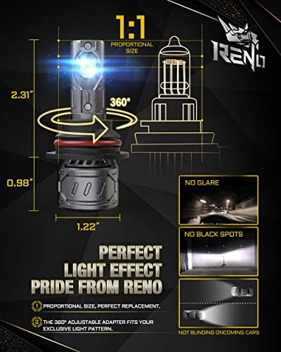 Reno 9007 Led Headlight Bulbs, Hb5 Led Headlights 16000 Lumens 360° Adjustable High And Low Beam Conversion Kit 6500K Bright White Halogen Replacement Plug-N-Play, Pack Of 2 #TOP2