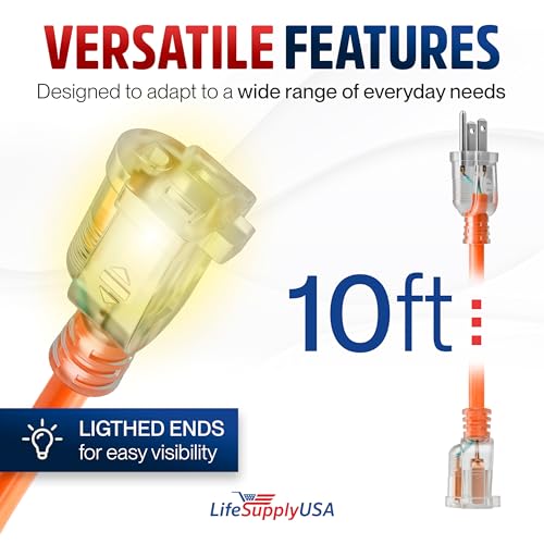 10ft Outdoor/Indoor Extension Cord 12/3 Gauge Extra Heavy Duty 3 Prong SJTW, Waterproof, ETL Listed, Flexible Cold-Resistant Long Power Cord,15A 125V 1875W, Orange by LifeSupplyUSA by LifeSupplyUSA - Image 6