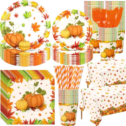 Image of Funnymoom 452 Pcs Thanksgiving Fall Party Decorations for 50, Pumpkin Maple Leaf Thanksgiving Paper Plates Napkins Cups Tablecloth Cutlery Straws for Harvest Autumn Birthday Holiday Party Supplies