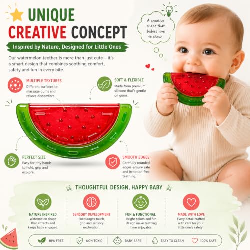 Image of CHICAGOZONE Premium Baby Silicone Teether Ring Toy - BPA Free Soft Teething Toy for Infants, Multi-Texture Sensory Chew Toy, Easy Grip Teether for Babies 3-12 Months, Cute Animal Design (Multicolor) (WATERMELON SHAPE)