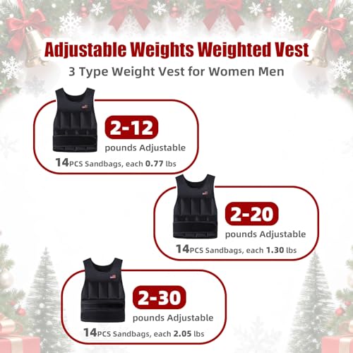 Wolliwa Adjustable Weighted Vest for Men Women,2-20 Lbs Adjustable Weights Weighted Vest with Straps Running Weight Vest Walking Strength Training Fitness,Black,14 PCS Sandbags,Each 1.27 Lbs