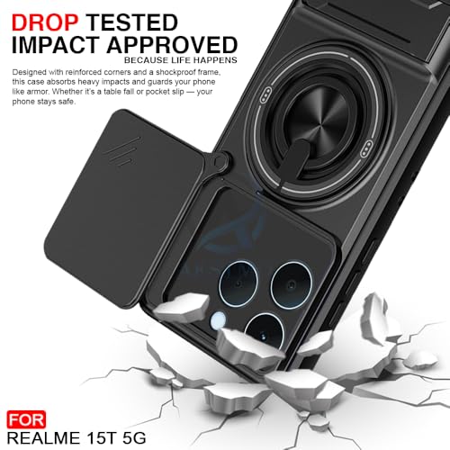 Image of AESTMO Realme 15T 5G / Realme Narzo 90 5G Back Cover | Armor Camera Slider 360 Degree Rotating Finger Ring Holder Case with Bracket Stand Back Case Cover (Compatible with MagSafe Accessories) (Black)