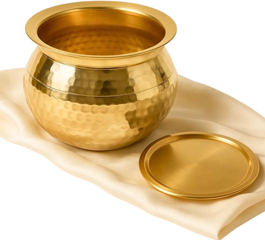 Pure Brass Handi with Lid (2Liters) | Traditional Pital Cooking Pot for Kitchen & Biryani | Handmade Mirror Finish Brass Utensil for Home Chefs & Gifting