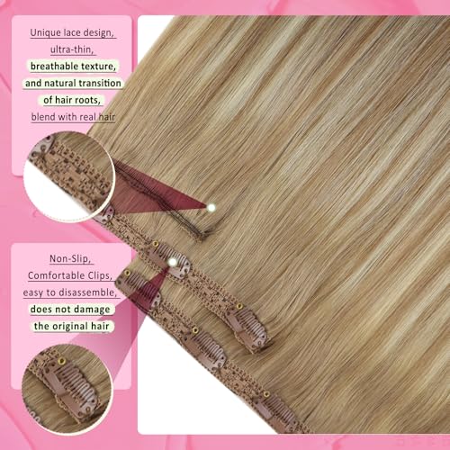 Image of YoungSee Clip in Human Hair Extensions Blonde Balayage Human Hair Clip in Extensions Golden Brown Mix Platinum Blonde Clips in Hair Extensions Real Human Hair for Woman 18inch 120g