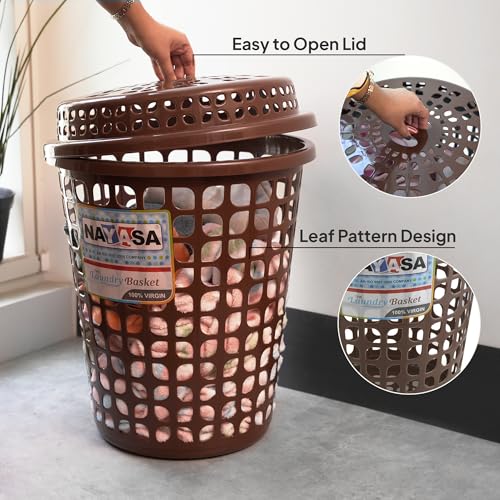 Image of Nayasa Plastic Laundry Basket with Lid - 44 Ltrs | Ventilated Clothes Hamper with Easy-Grip Handles | Clothes & Toy Storage Organizer |(Round Petal) Brown