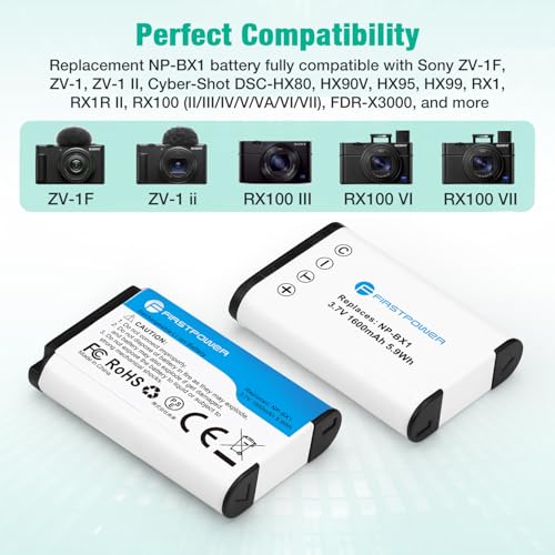 Image of FirstPower NP-BX1 /M8 Battery 2-Pack and USB Dual Charger for Sony ZV-1 | Compatible with Sony ZV-1 II, ZV-1F, Cyber-Shot DSC-RX100, RX100 II, RX100 III, RX100 IV, RX100 V, RX100 VI, RX100 VII, etc