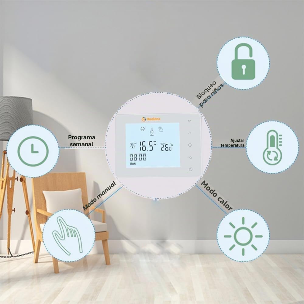 Termostato de Caldera de Gas a Pilas, Termostato Ambiente de Pared programable de 2 Hilos, Cronotermostato semanal Digital (Pilas excluidas)