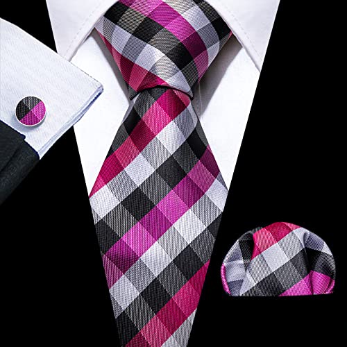Image of Barry.Wang Mens Tie Set Plaid Check Neckties Formal Business Wedding Luxury Pocket Square Cufflinks