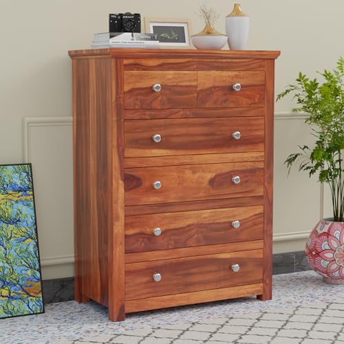 Image of Solid Premium Sheesham Wood Wooden Sideboard Cabinet & Chest of 6 Drawers with Storage Books /Cloths & Decor for Living /Bedroom /Office Storage Cabinet Furniture (Honey Finish)