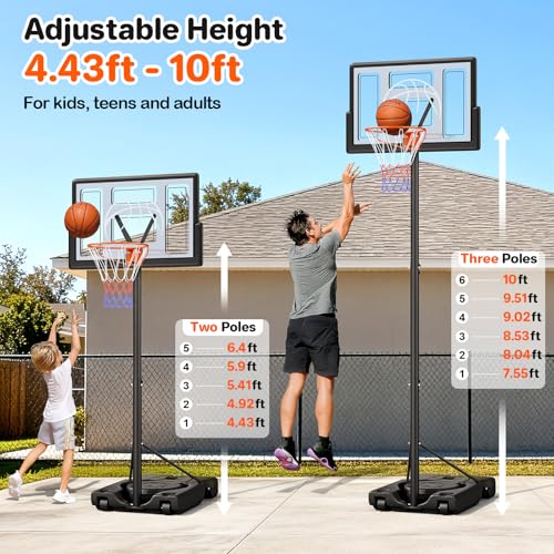 Image of Yohood Basketball Hoop Outdoor 10ft Adjustable, Portable Basketball Hoop Goal System for Kids Youth and Adults in Backyard /Driveway /Indoor, 44 Inch Shatterproof Backboard and Larger Base