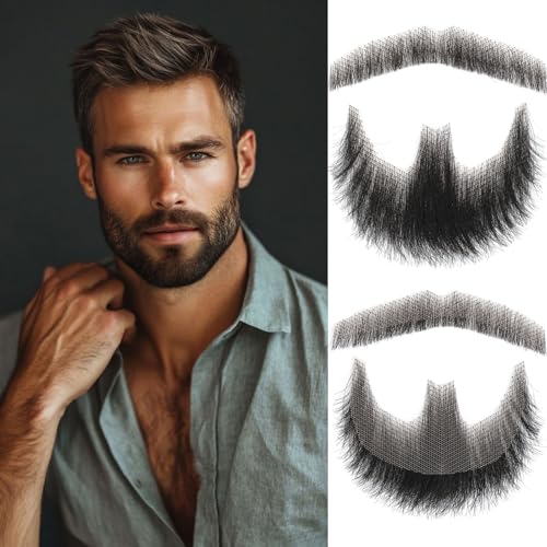 Fake Beard Realistic Beard 100% Human Hair Fake Face Beard Realistic Full Hand Tied Costume Facial Hair for Man、Adults Lace Invisible Fake Mustache for Halloween Drama Party Movie Makeup(Black)