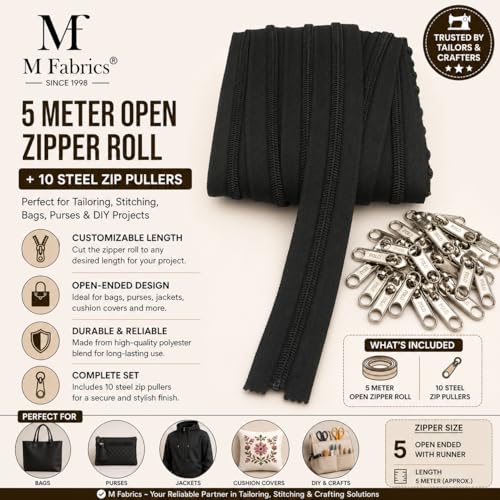 Image of M Fabrics 5 Meters Open Zipper with 10 Steel Zip Puller in Meter for Tailoring, Stitching, Bags and Purse (Open Ended Zip) - (5 Meter Roll + 10 Steel Zips Runner) - (Black)