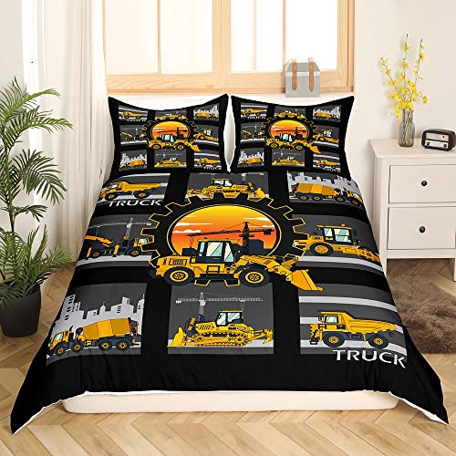 Erosebridal Excavator Duvet Cover King Tractor Truck Bedding Set Construction Vehicle Comforter Cover for Boys Kids Girls Teens Cartoon Heavy Machinery Car Quilt Cover, Gray Yellow