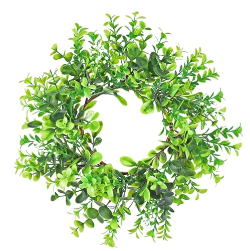 LSKYTOP Artificial Boxwood Wreath Kitchen Cabinet Wreaths Faux Green Leaves Decor for Indoor and Outdoor Use Farmhouse Style 10 Inch