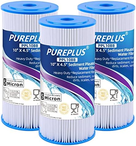 PUREPLUS 10" x 4.5" Whole House Pleated Sediment Filter for Well Water, Replacement Cartridge for GE FXHSC, Culligan R50-BBSA, Pentek R50-BB, DuPont WFHDC3001, American Plumber W50PEHD, GXWH40L, 3Pack
