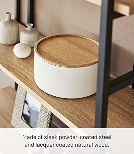 Yamazaki Home Rin Round Storage Case, Snacks, Toy, Or Craft Supplies Holder, Sewing Box Organizer, Wooden Lid Tray - Tall - Steel + Wood