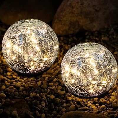 qzzwbbtc Garden Decoration, Cracked Glass Solar Globe Lights for Yard Pathway Patio Halloween Christmas Outside Decor,Warm White 2 Pack 50 LED(4.7”)
