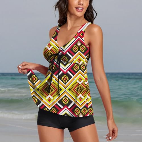 Image of Modest Tankini Swimsuits for Women Two Piece Bathing Suits Floral Print Tank Top with Boyshorts Tummy Control Swimming Suits
