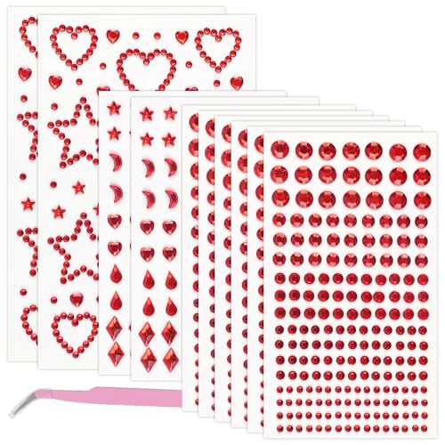 1620Pcs Red Face Gems Hair Gems Set Self-Adhesive Face Jewels Rhinestones Mixed Shape & Size DIY Face Gems Stick on Hair Body Rhinestones Tattoo Rave Accessories for Eyes Makeup Nail Art Crafts