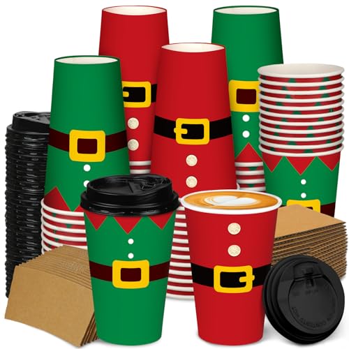Zhehao 90 Pcs/30 Sets Christmas Paper Coffee Cups with Lids and Sleeves Disposable Hot Cocoa Party Paper Cups for Hot Chocolate Accessories(16 oz,Cloths)