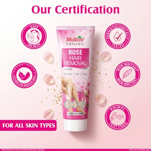 Image of Multani Naturals Rose Hair Removal Cream 120ml | Removes Hair in Minutes | Gentle formula Enriched with Rose and Vitamin E | Painless, Easy, and Effective Hair Removal for Men and Women