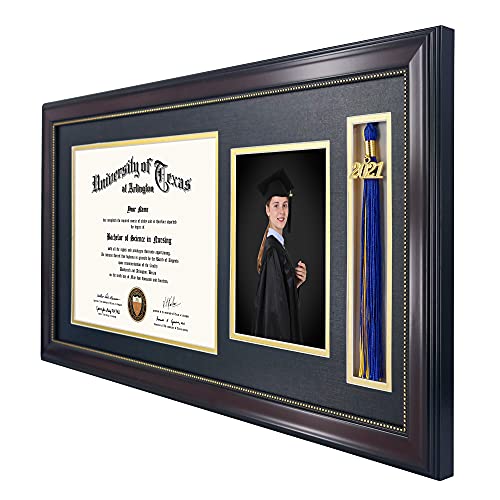 GraduationMall-11x22-Mahogany-Diploma-Frame-with-Tassel-Holder-and-Picture-for-85x11-Certificate-5x7-PhotoReal-GlassBlack-Over-Gold-Mat
