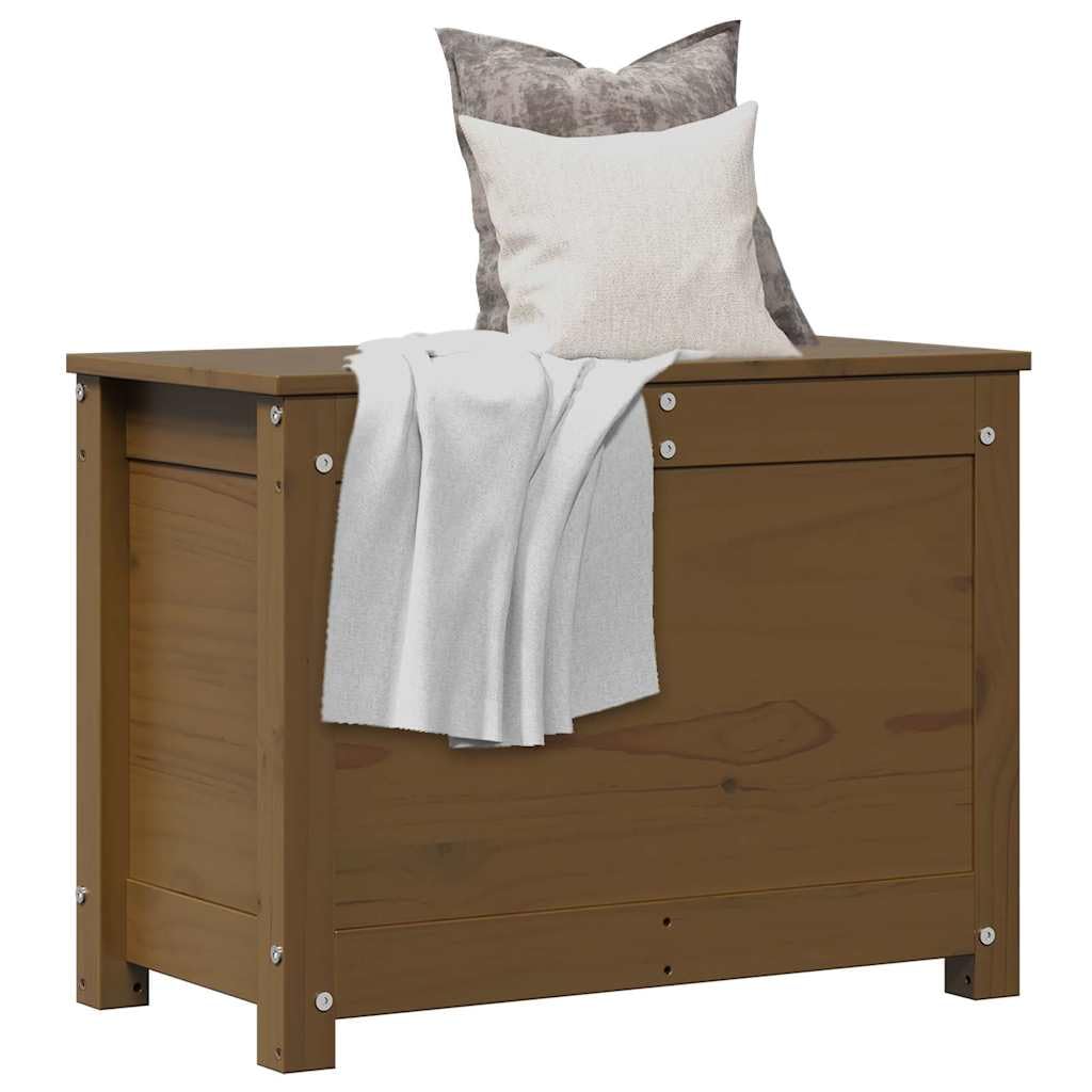 Baúl marrón miel 60 x 32 x 45,5 cm caja de almacenamiento de madera maciza de pino con tapa y muelle de gas, caja rústica para salón y pasillo, caja de madera versátil