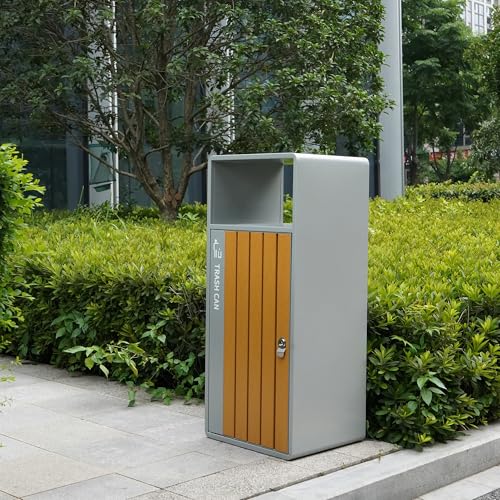 Image of Outdoor Trash Can with Lid, 51L /13.5 Gal-Lockable Commercial Trash Can with Nature Stone Panels, Heavy-Duty Rustproof Metal Garbage Can with Removable Liner for Parks & Public Spaces (White, ash)