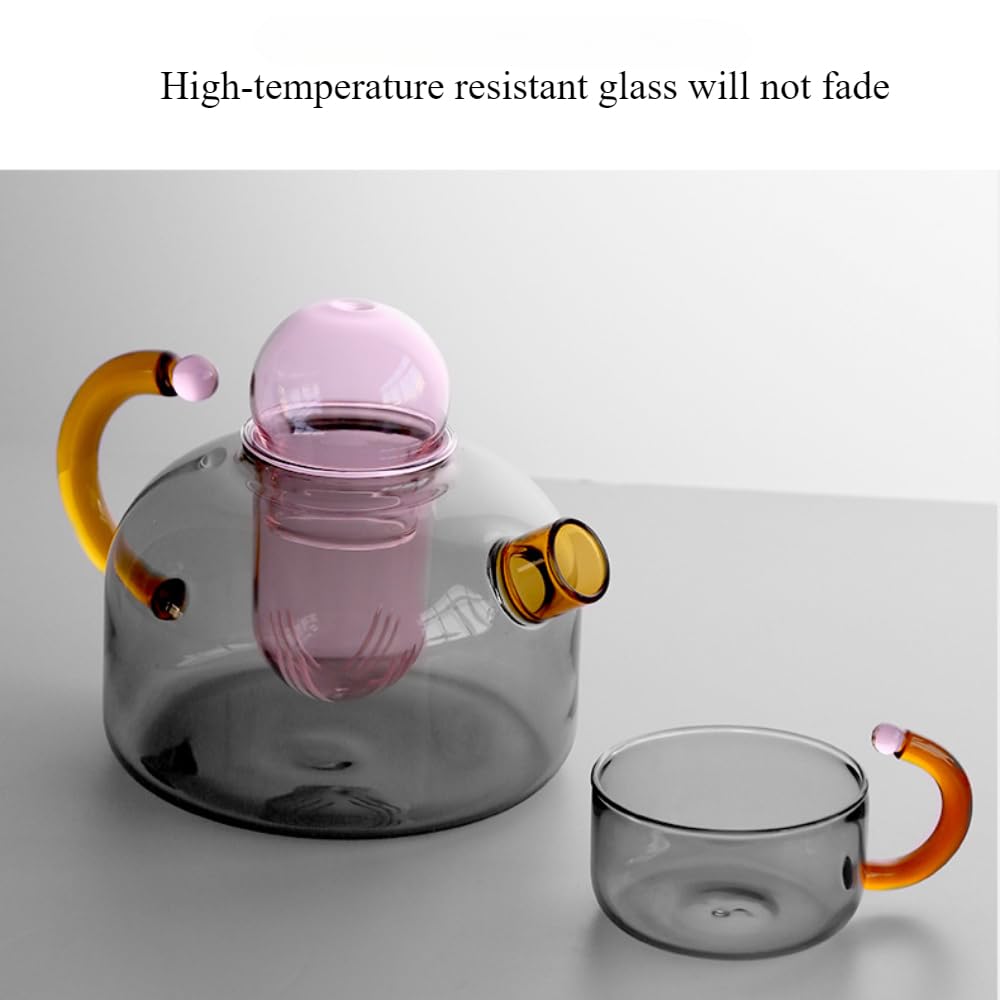 Ceramic Joe Handmade Colored High-temperature Resistant Glass Coffee Pot Teapot Cup and Stirring Rod 5 PCS (Grey)