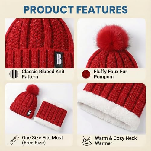 Image of Kraptick Women's Winter Beanie Cap and Scarf Set with Soft Fleece Lining, Thick Cable Knit Woolen Cap for Ladies & Neck Warmer for Extreme Cold Stylish Pom Pom Hat & Scarf Set -7