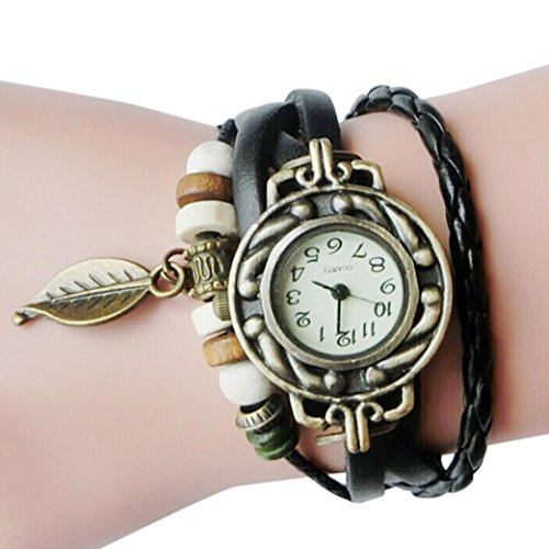 Upxiang montre avec bracelet en cuir style rétro pour Hommes Femmes Enfants (noir)