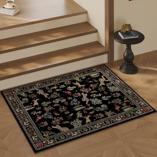 Door Mat Indoor Entrance 2x3 Rug Machine Washable Boho Floral Animal Small Area Rug Non-Slip Low Pile Throw Rugs for Entryway, Kitchen, Front Door Indoor Entrance, Entry, Kids Room (Black)