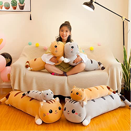 Image of Tickles Cat Soft Stuffed Plush Bolster Pillow Toy for Kids Birthday Gift (Size: 65 cm; Color: Grey)
