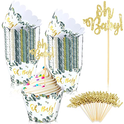 70 Pcs Greenery Cupcake Wrappers and Glitter Baby Shower Topper for Cupcakes Greenery Jungle Cupcake Wrappers Eucalyptus