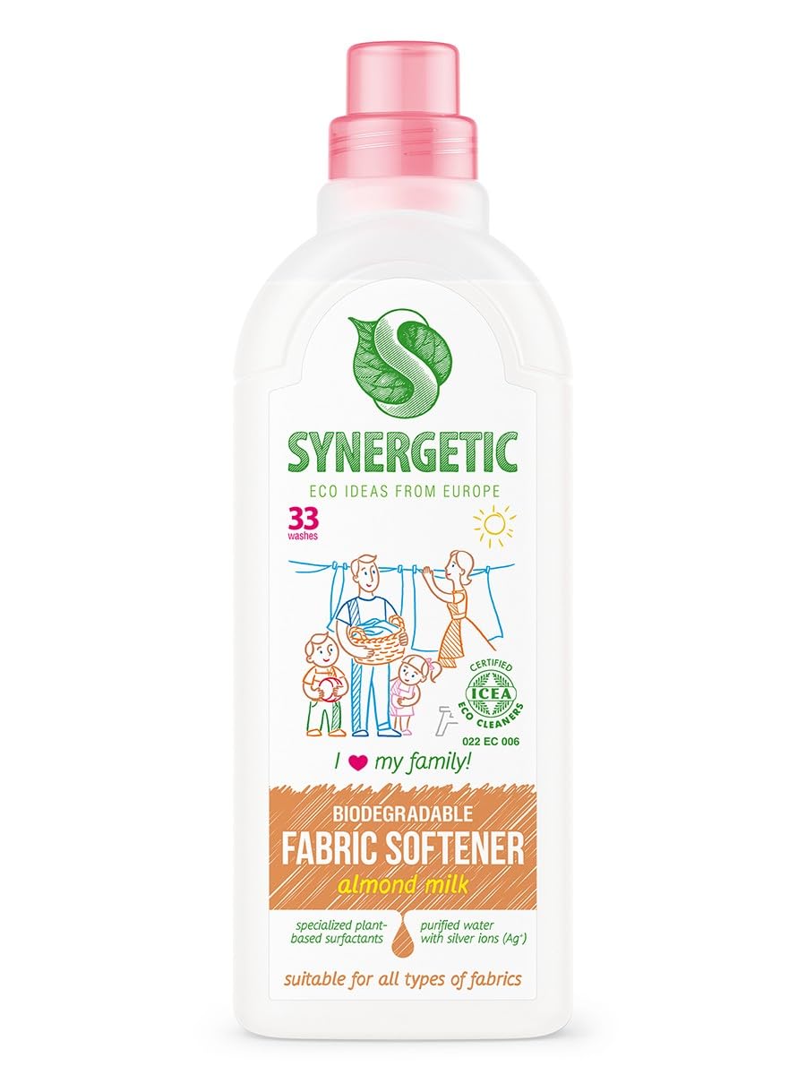 S SYNERGETIC Laundry Liquid Fabric Softener, Hypoallergenic Fabric Conditioner, Plant-Based Ingredients, Almond Milk, 33 Washes, 1 L