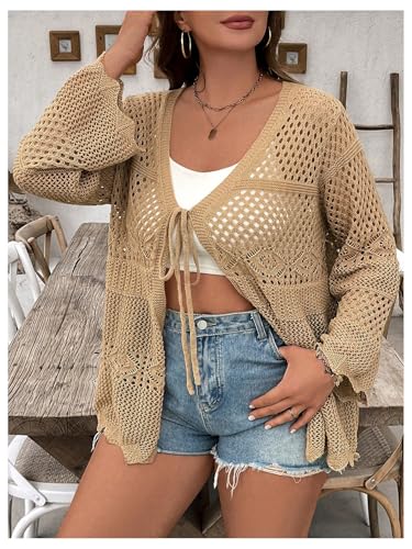 Verdusa Women's Plus Size Summer Tops Bow Tie Hollow Out Cardigan Sweaters Sheer Crochet Knit Outwear4