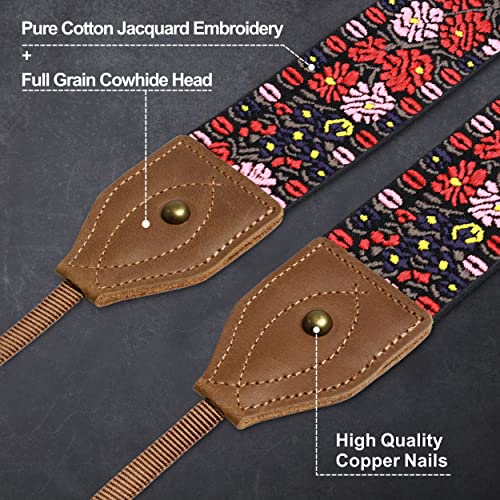 Padwa Lifestyle Camera Strap - 2" Wide Classic Vintage Crazy Horse Arts Cowhide Head Cotton Embroidered Universal Neck Shoulder & Crossbody Camera Straps for Photographers Gift and All DSLR Cameras - Image 2