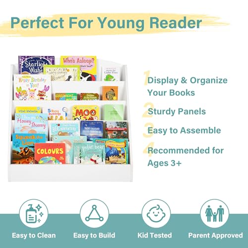 TOETOL 5-Tier Kids Bookshelf - Toddler Book Display Shelves for Classrooms, Playrooms, and Nursery - Wooden Children Book Rack (White)