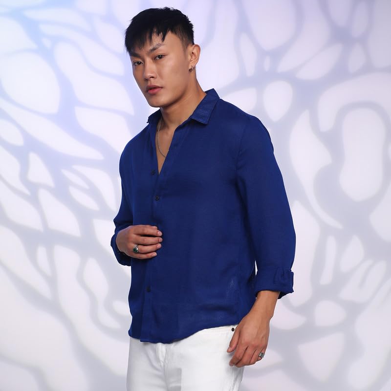 Image of CAHOOT Men's Veined-Textured Shirt | Casual Wear | Spread Collar | Long Sleeve | Button Closure | Shirt Crafted with Comfort Fit for Everyday Wear